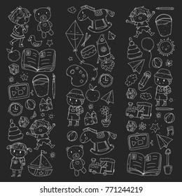 Kindergarten Nursery Preschool School education with children Doodle pattern Kids play and study Boys and girls kids drawing icons Space, adventure, exploration, imagination concept