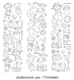 Kindergarten Nursery Preschool School education with children Doodle pattern Kids play and study Boys and girls kids drawing icons Space, adventure, exploration, imagination concept