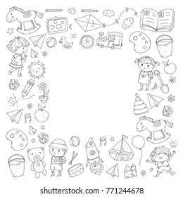 Kindergarten Nursery Preschool School education with children Doodle pattern Kids play and study Boys and girls kids drawing icons Space, adventure, exploration, imagination concept