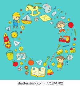 Kindergarten Nursery Preschool School education with children Doodle pattern Kids play and study Boys and girls kids drawing icons Space, adventure, exploration, imagination concept