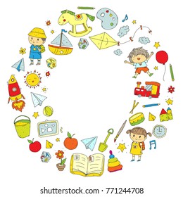 Kindergarten Nursery Preschool School education with children Doodle pattern Kids play and study Boys and girls kids drawing icons Space, adventure, exploration, imagination concept