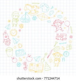 Kindergarten Nursery Preschool School education with children Doodle pattern Kids play and study Boys and girls kids drawing icons Space, adventure, exploration, imagination concept