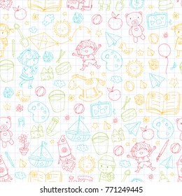 Kindergarten Nursery Preschool School education with children Doodle pattern Kids play and study Boys and girls kids drawing icons Space, adventure, exploration, imagination concept