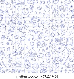 Kindergarten Nursery Preschool School Education With Children Doodle Pattern Kids Play And Study Boys And Girls Kids Drawing Icons Space, Adventure, Exploration, Imagination Concept