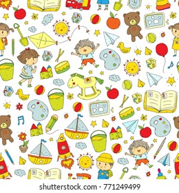 Kindergarten Nursery Preschool School education with children Doodle pattern Kids play and study Boys and girls kids drawing icons Space, adventure, exploration, imagination concept