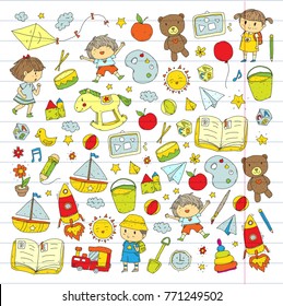 Kindergarten Nursery Preschool School education with children Doodle pattern Kids play and study Boys and girls kids drawing icons Space, adventure, exploration, imagination concept