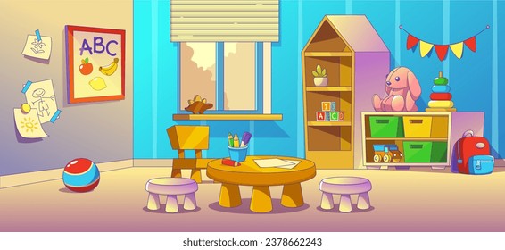 Kindergarten nursery room for kid to play cartoon. School classroom and playground interior for children. 2d concept with table, chair, board, house shelf and indoor daycare inside kindergarden.