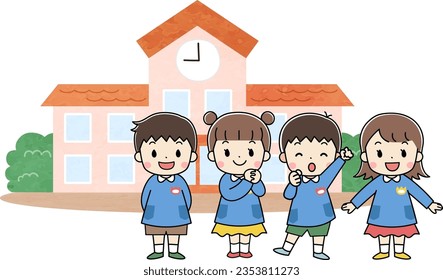 Kindergarten nursery school building and children illustration