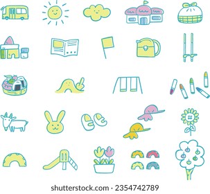 Kindergarten and nursery school playground equipment, facilities, daily necessities icon color set illustration material
