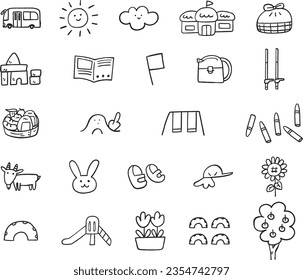 Kindergarten and nursery school playground equipment, facilities, daily necessities icon monochrome set illustration material
