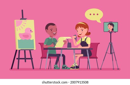 Kindergarten online classroom, children in distance learning. Boy and girl having a lesson, educational games, preschool classes for kids with virtual schooling. Vector flat style cartoon illustration