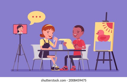 Kindergarten online classroom, children in distance learning. Boy and girl having a lesson, educational games, preschool classes for kids with virtual schooling. Vector flat style cartoon illustration