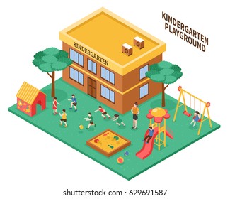 Kindergarten outdoor isometric composition with playground kindergarten teacher and playing children vector illustration 