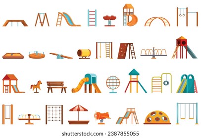 Kindergarten outdoor recreation area icons set cartoon vector. Urban playground. Play area