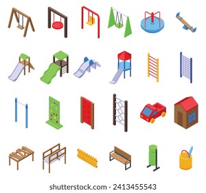 Kindergarten outdoor recreation area icons set isometric vector. Children play. City park