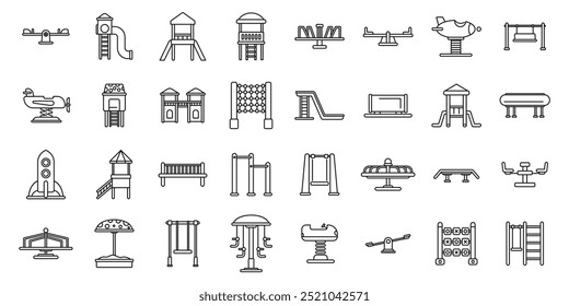 Conjunto de ícones da área de recreação ao ar livre do jardim de infância. Conjunto de ícones de arte de linha com vários equipamentos de playground para diversão e recreação ao ar livre