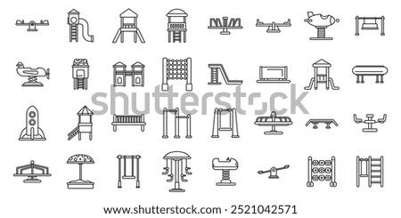 Kindergarten outdoor recreation area icons set. Line art icon set featuring various playground equipment for outdoor fun and recreation