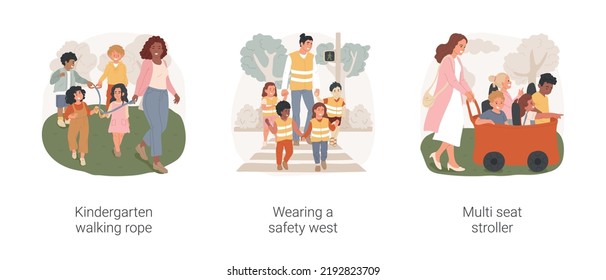Kindergarten Outside Time Isolated Cartoon Vector Illustration Set. Kindergarten Walking Rope, Wearing A Safety West, Multi Seat Stroller, Early Education, Road Security Vector Cartoon.