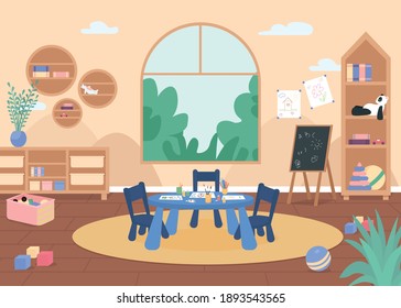 Kindergarten Painting Class Flat Color Vector Illustration. Primary Grade Room With Desk, Chair And Art Supplies. Lesson For Kids. Preschool Classroom 2D Cartoon Interior With Furniture On Background