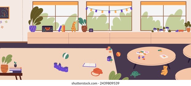 Kindergarten panoramic view. Nursery playroom, preschool classroom with toys on floor scene. Play group, children room interior with nobody. Empty daycare class background. Flat vector illustration