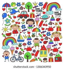 Kindergarten pattern with cute children and toys. Kids drawing style illustration