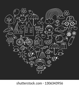 Kindergarten pattern with cute children and toys. Kids drawing style illustration