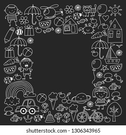 Kindergarten pattern with cute children and toys. Kids drawing style illustration