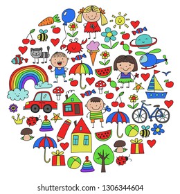Kindergarten pattern with cute children and toys. Kids drawing style illustration