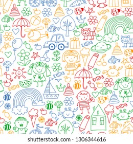Kindergarten pattern with cute children and toys. Kids drawing style illustration