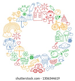 Kindergarten pattern with cute children and toys. Kids drawing style illustration
