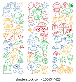 Kindergarten pattern with cute children and toys. Kids drawing style illustration