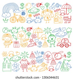 Kindergarten pattern with cute children and toys. Kids drawing style illustration