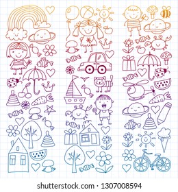 Kindergarten pattern with cute children and toys. Kids drawing style illustration