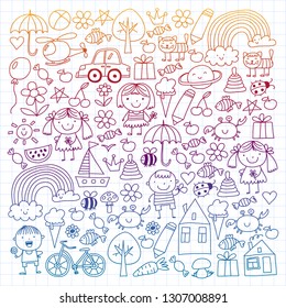 Kindergarten pattern with cute children and toys. Kids drawing style illustration