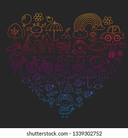 Kindergarten pattern with cute children and toys. Kids drawing style illustration