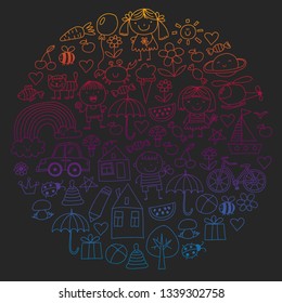 Kindergarten pattern with cute children and toys. Kids drawing style illustration