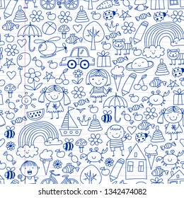 Kindergarten pattern with cute children and toys. Kids drawing style illustration