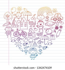 Kindergarten pattern with cute children and toys. Kids drawing style illustration