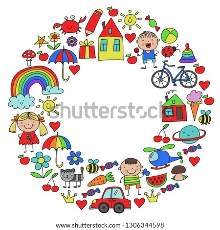 Kindergarten pattern with cute children and toys. Kids drawing style illustration