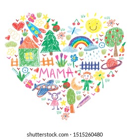 Kindergarten pattern with funny kids drawing. Vector illustration. Children play and grow.