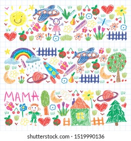 Kindergarten pattern with funny kids drawing. Vector illustration. Children play and grow.