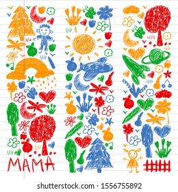 Kindergarten pattern with funny kids drawing. Vector illustration. Children play and grow.