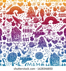 Kindergarten pattern with funny kids drawing. Vector illustration. Children play and grow.