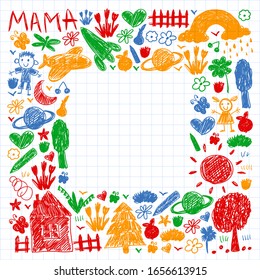 Kindergarten pattern with funny kids drawing. Vector illustration. Children play and grow.