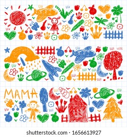 Kindergarten pattern with funny kids drawing. Vector illustration. Children play and grow.