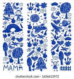 Kindergartenmuster mit lustigen Kinderzeichnungen. Vektorillustration. Kinder spielen und wachsen.