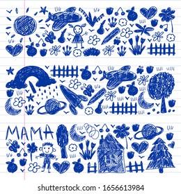 Kindergartenmuster mit lustigen Kinderzeichnungen. Vektorillustration. Kinder spielen und wachsen.