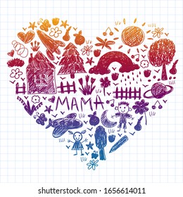 Kindergartenmuster mit lustigen Kinderzeichnungen. Vektorillustration. Kinder spielen und wachsen.