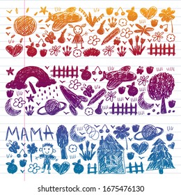 Kindergarten pattern with funny kids drawing. Vector illustration. Children play and grow.