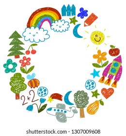 Kindergarten pattern for little children. Cute icons and characters for kids. Rocket, space, moon.